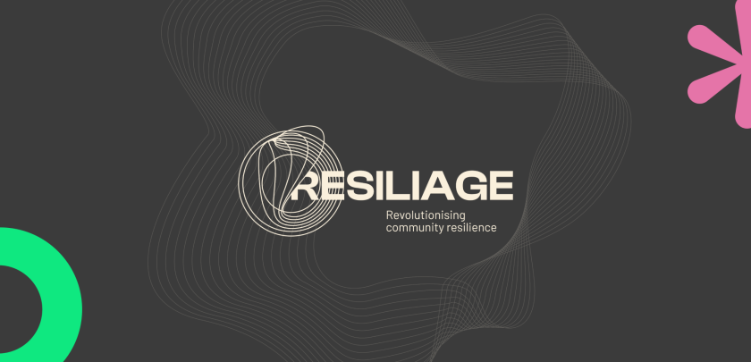 This is an illustrative image of the new visual identity of the RESILIAGE project, featuring a circle representing the community and flexible lines symbolizing adaptation to change. The predominant colours are grey and beige, with green, orange, and pink touches representing technological innovation, heritage, and community.